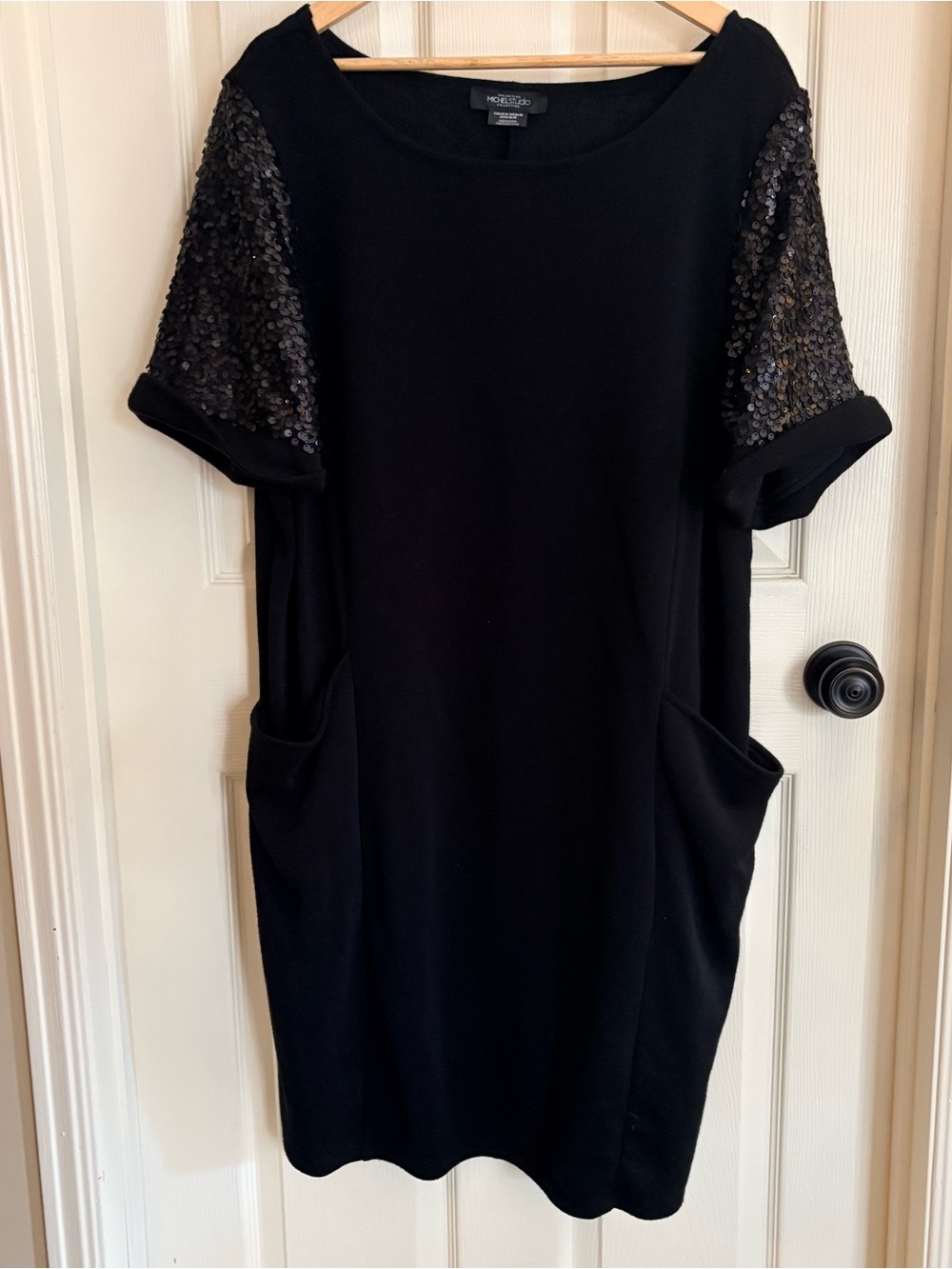 Michel Studio Black Midi Sweatshirt Fabric Dress with Sequin Short Sleeves 3X